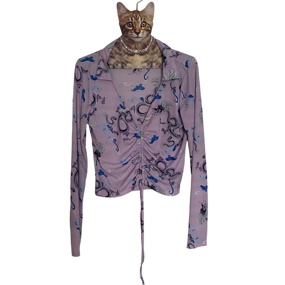 Y2K Rue 21 Dragon Print Long Sleeve Ruche Top Size L